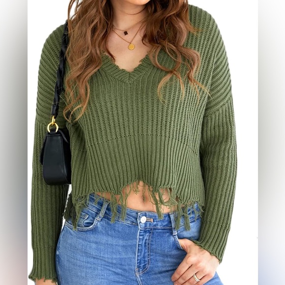 Women Raw Hem V-Neck Green Sweater Long Sleeve Ribbed Knit Pullover Jumper Top S - Picture 10 of 10